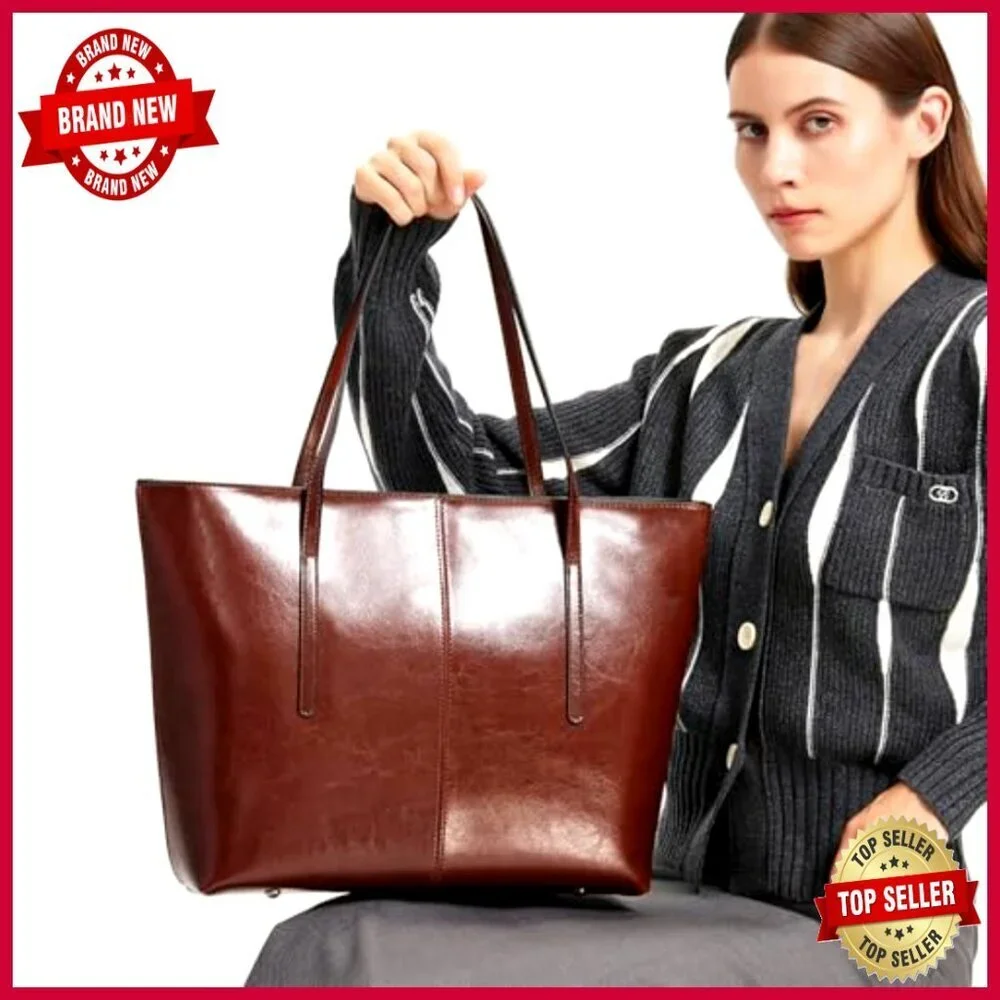 Large Genuine Leather Tote Bag with Top Handle and Shoulder Strap